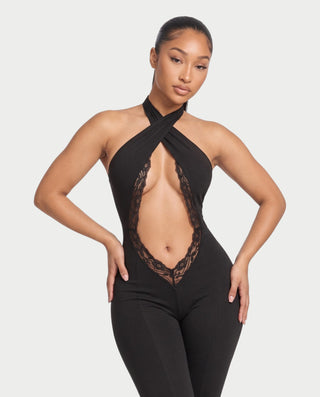 SASKIA Cross Halter Lace Trim Cutout Capri Jumpsuit