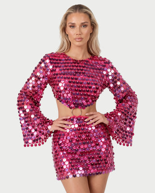 ARMANA Sparkly Disc Sequin Long Flare Sleeve Mini Dress