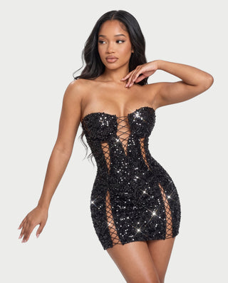 CALIDA Sparkly Sequin Corset Lace-Up Mini Dress