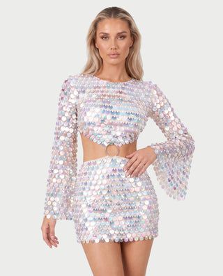 ARMANA Sparkly Disc Sequin Long Flare Sleeve Mini Dress