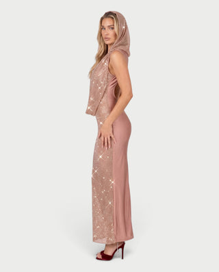 FIAMMA Hooded Sequin Sparkly Deep V-Neck Maxi Dress
