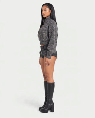 YURINA High-Neck Textured Knit Cropped Cardigan