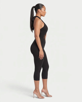 SASKIA Cross Halter Lace Trim Cutout Capri Jumpsuit
