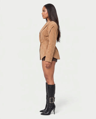 ORALINE Faux Suede Padded Shoulder Shawl Blazer Coat