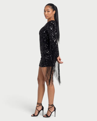 ARGINA Sequin Keyhole Cutout Tassel Fringe Mini Dress