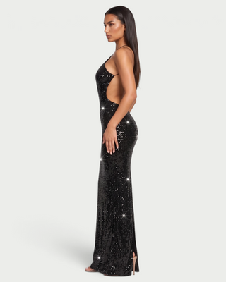 RUANNE Sequin Halter Keyhole Backless Maxi Dress