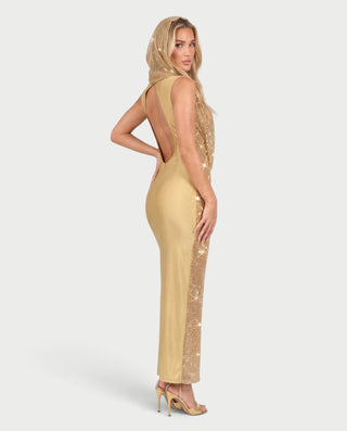 FIAMMA Hooded Sequin Sparkly Deep V-Neck Maxi Dress