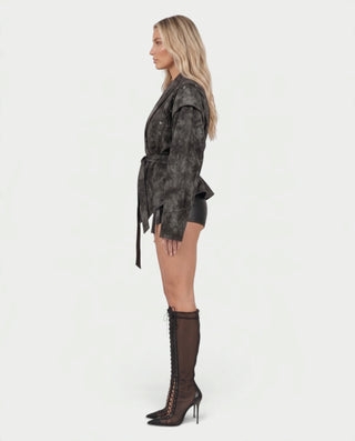 MAELLE Puff Sleeve Shawl Collar Belted Wrap Jacket