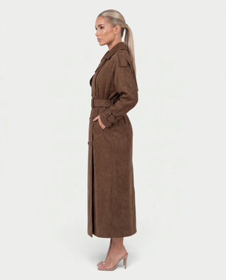 WINONA Suede-Look Long Sleeve Belted Trench Coat