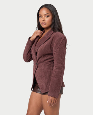 ORALINE Faux Suede Padded Shoulder Shawl Blazer Coat