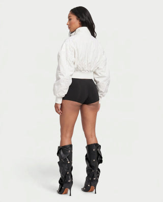 ZELIE Grommet Strap Zip-Up Cropped Bomber Jacket