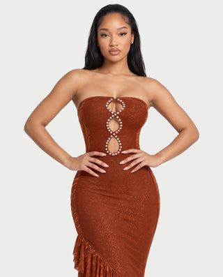 WILLIA Strapless Rhinestone Ruffle Hem Bodycon Maxi Dress