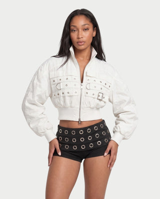 ZELIE Grommet Strap Zip-Up Cropped Bomber Jacket