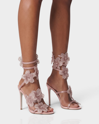 PALMERA Rhinestone Floral Appliqué Ankle-Wrap Stiletto Heels