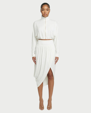 VANYS Zip-Up Crop Top & Draped Midi Skirt Set