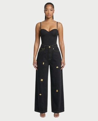 LUNARIA Wide-Leg Gold Motif Denim Pants