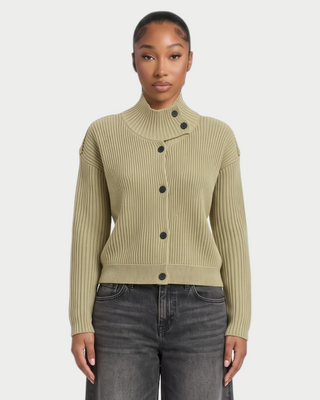 XONA Button Front High-Neck Ribbed Knit Cardigan