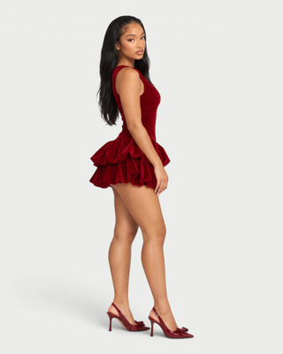 CORRENE Boat Neck Bubble Hem Velvet Mini Dress