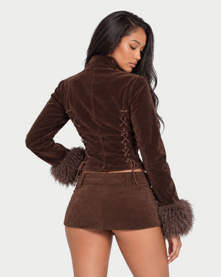 ELINE Suade Feather-Trimmed Lace-Up Back Jacket