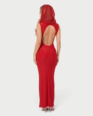 FIAMMA Hooded Sequin Sparkly Deep V-Neck Maxi Dress
