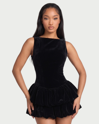 CORRENE Boat Neck Bubble Hem Velvet Mini Dress