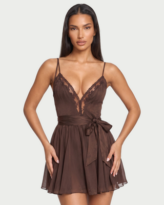 KALINDA Deep V-Back Lace Trim A-Line Mini Dress
