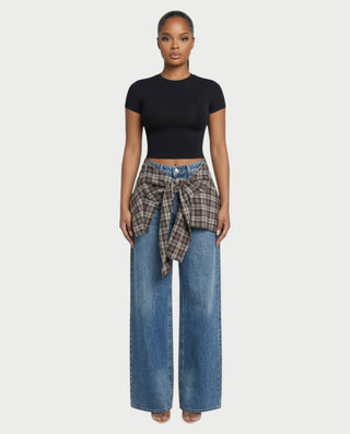 ESSIA Plaid Waist Straight-Cut Denim Pants