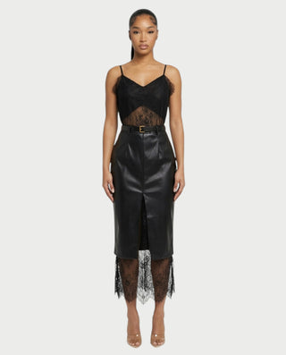 VANGE Lace Camisole & Belted Faux Leather Midi Skirt Set