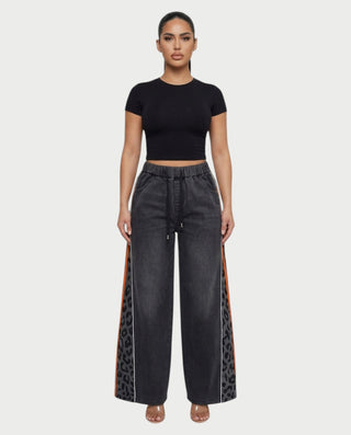 DINES Leopard-Panel Wide-Leg Denim Pants