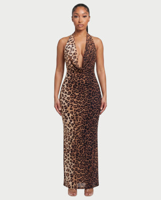 Vestido largo de leopardo con escote halter de CAMILLE