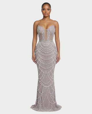 MIRYN Sheer Crystal Beaded Corset Maxi Dress