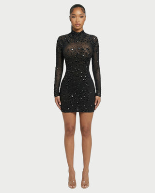 ROLANE Sheer Mesh Rhinestone Embellished Bodycon Mini Dress