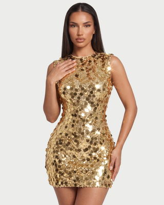 YLONA Sleeveless Oversized Disc Sequin Mini Dress