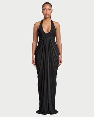 PALMORA Pleated Halter Backless Maxi Dress