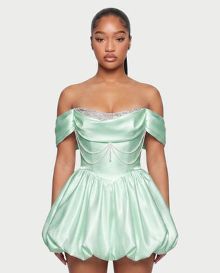 LESSY Pearl Draped Off-Shoulder Bubble Mini Dress