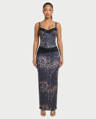 YVE Leopard Print Lace Bustier Top & Maxi Skirt Set