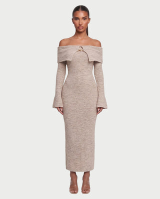 SAHALIE Bardot Neck Long Sleeve Knit Maxi Dress
