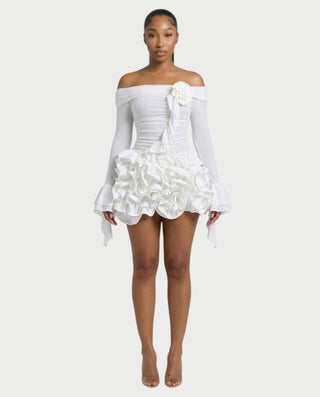 URELLE Off-Shoulder Ruched Top & Ruffle Mini Skort Set