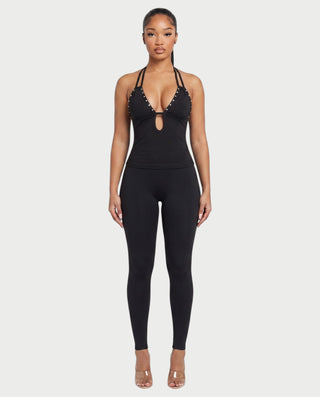 APHELIA Studded Plunge Halter Open-Back Top