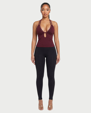 APHELIA Studded Plunge Halter Open-Back Top
