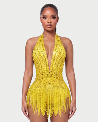 EMERA Rhinestone Beaded Halter Mini Dress