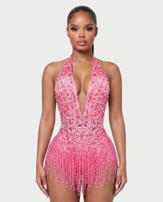 EMERA Rhinestone Beaded Halter Mini Dress