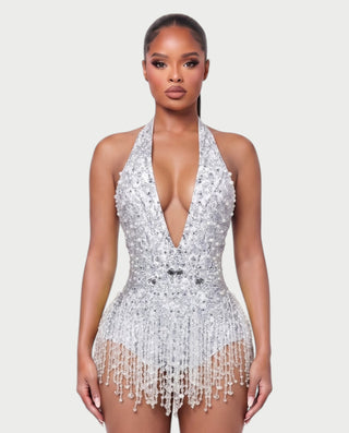 EMERA Rhinestone Beaded Halter Mini Dress