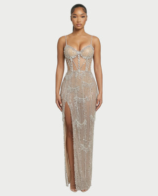 AERIS Crystal Fringe Sheer Corset Maxi Dress