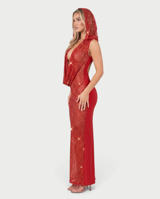 FIAMMA Hooded Sequin Sparkly Deep V-Neck Maxi Dress