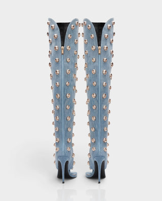 ESTELLA Studded Thong Toe Denim Thigh-High Heel Boots