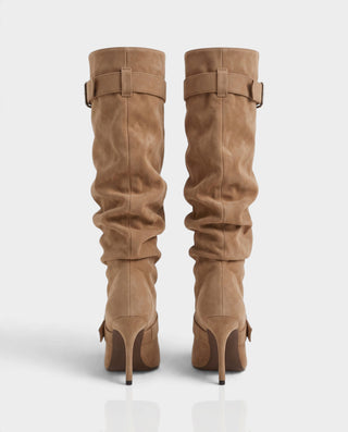 ESTRELLE Pointed Toe Buckle Strap Knee-High Heel Boots