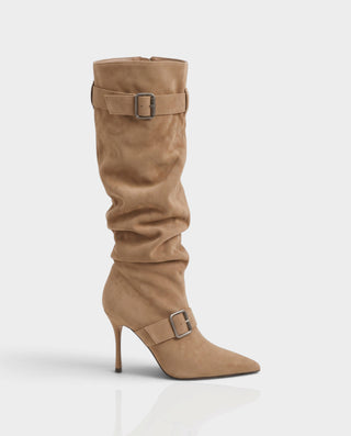 ESTRELLE Pointed Toe Buckle Strap Knee-High Heel Boots