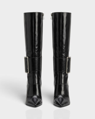 ANALEIA Pointed Toe Oversized Buckle Stiletto Heel Boots