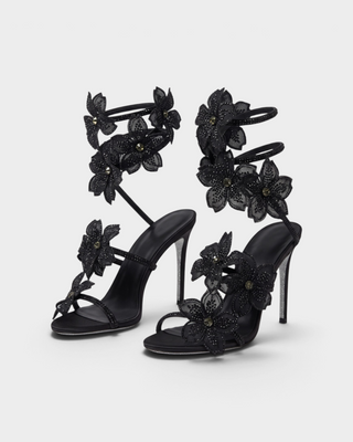 PALMERA Rhinestone Floral Appliqué Ankle-Wrap Stiletto Heels